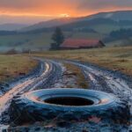 A worn truck tire sits in a muddy rural road at sunset, tire tracks stretching into the distance
